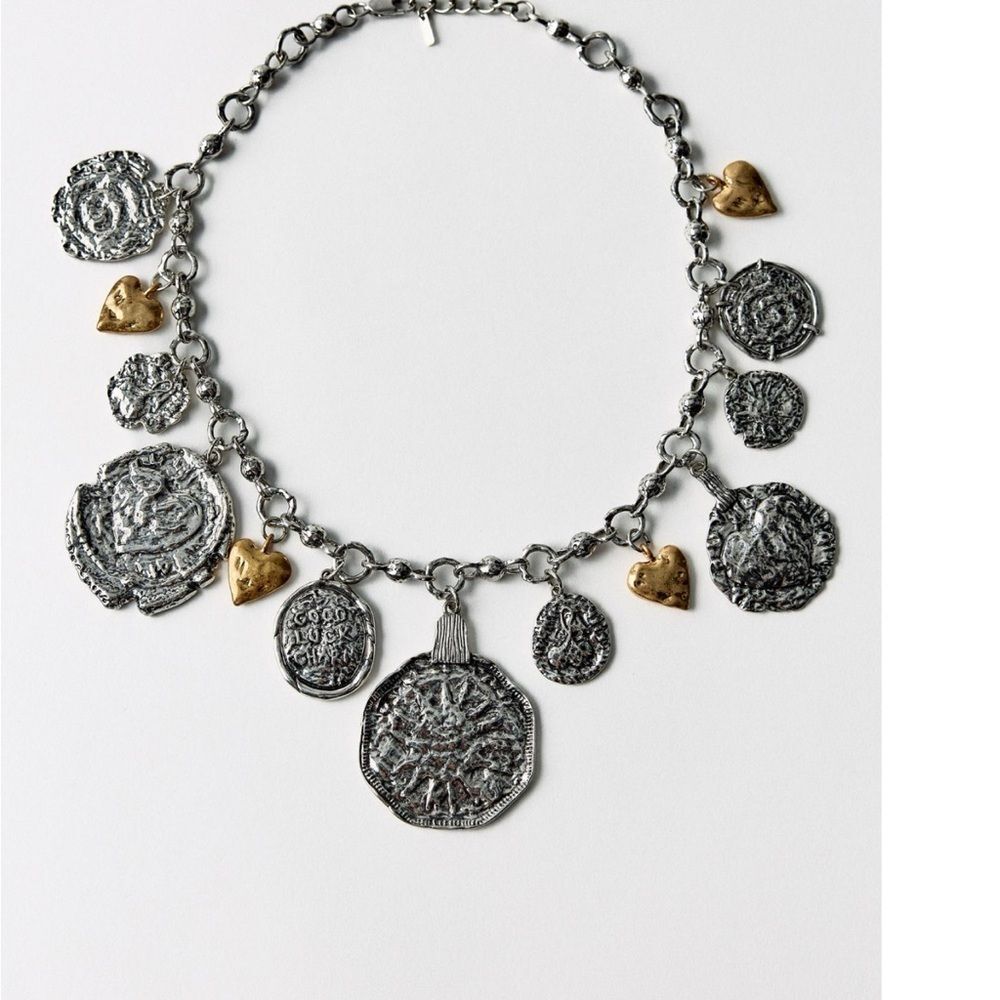 ZARA Heart Medallion Coin Charm Necklace -Silver/gold NWT - Picture 2 of 8